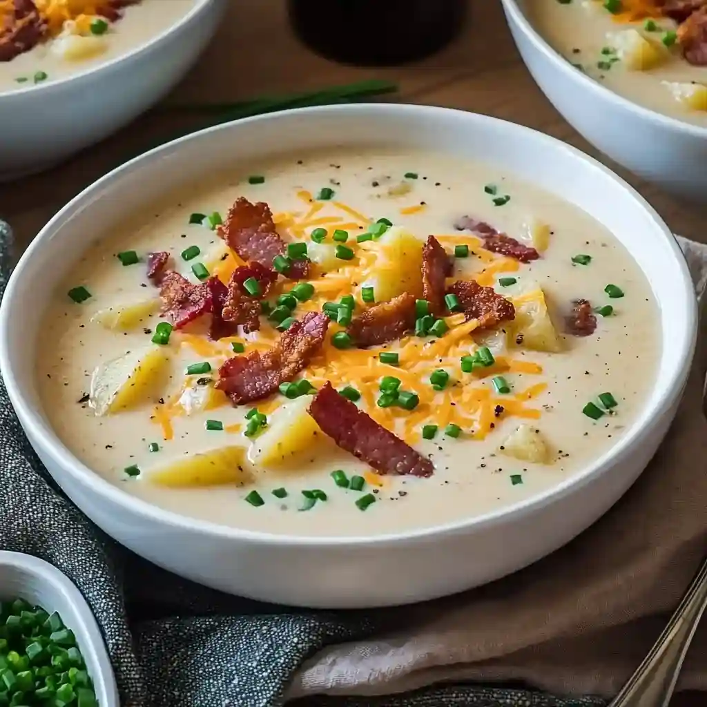 Cream of potato soup topped with crispy bacon, cheddar cheese, and fresh chives in a white bowl.