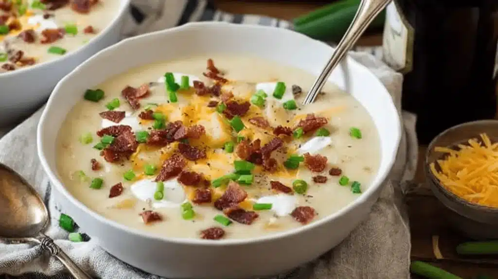 Mouth-watering bowl of loaded cream of potato soup, garnished with crispy bacon, melted cheddar, fresh green onions, and sour cream.