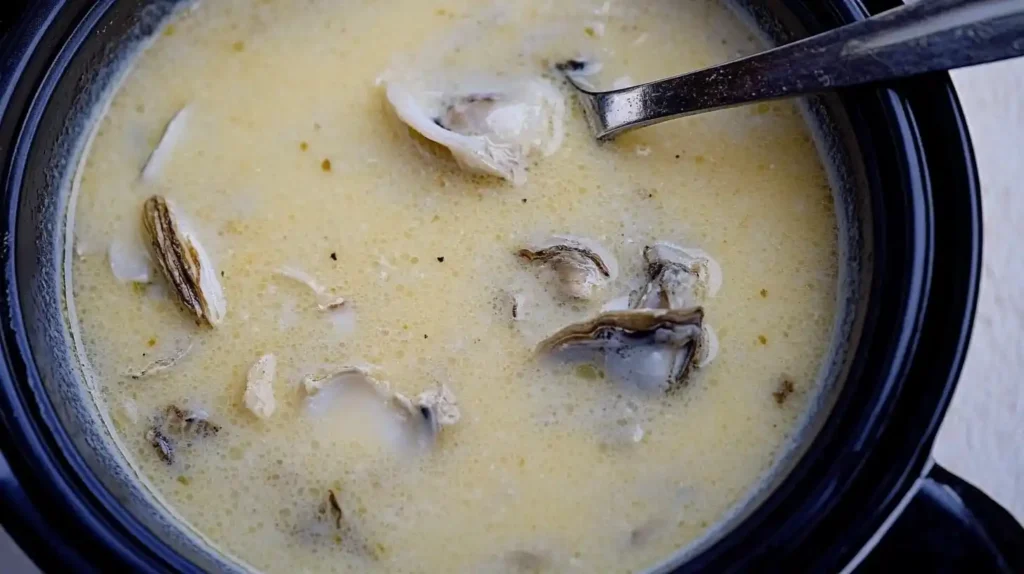 Creamy oyster stew recipe in a pot with fresh oysters and a rich milk-based broth.