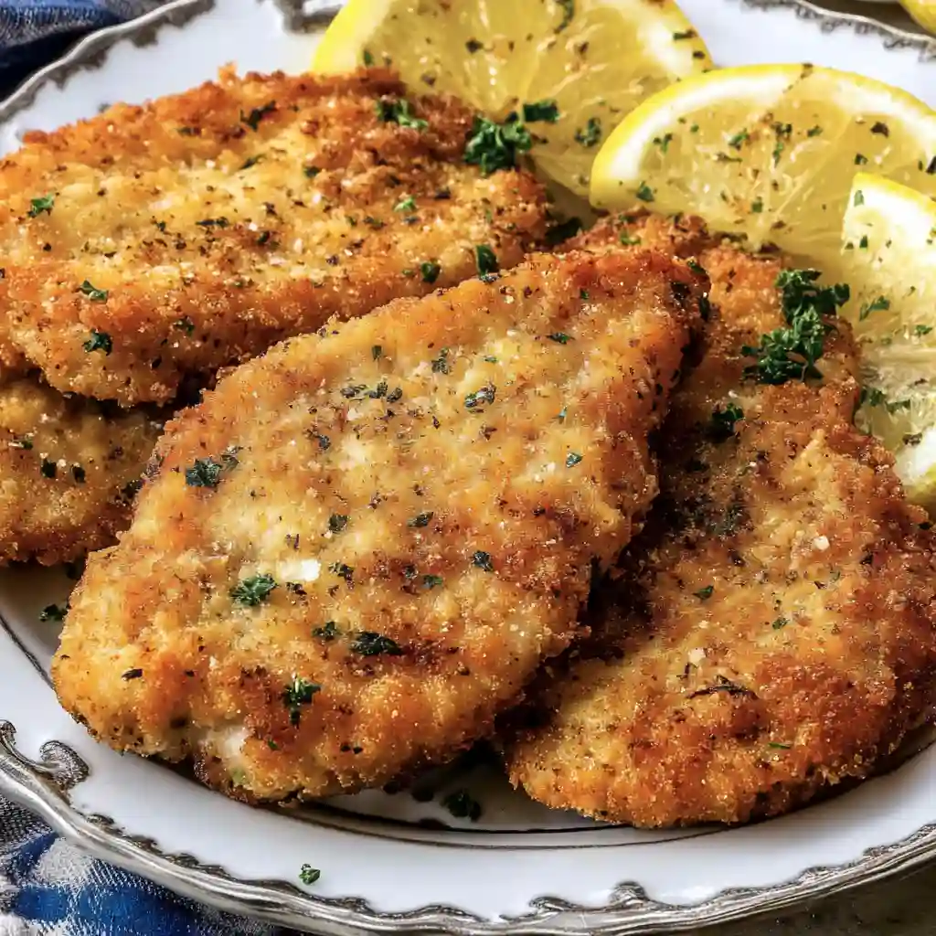 Crispy Italian Breaded Chicken Cutlets 2 Crispy chicken cutlets served with fresh lemon slices and parsley on a plate.