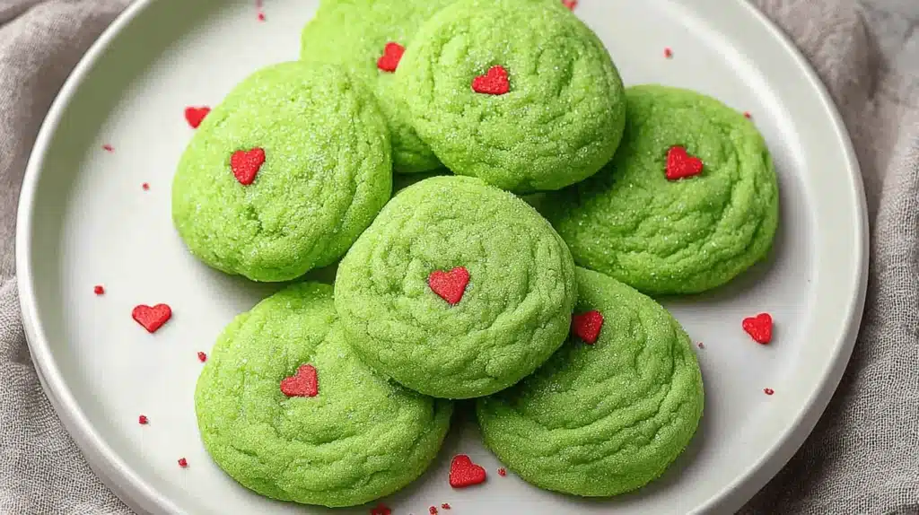 Close-up of vibrant green Easy Grinch Cookies with red heart sprinkles and sparkling sugar on a light plate.