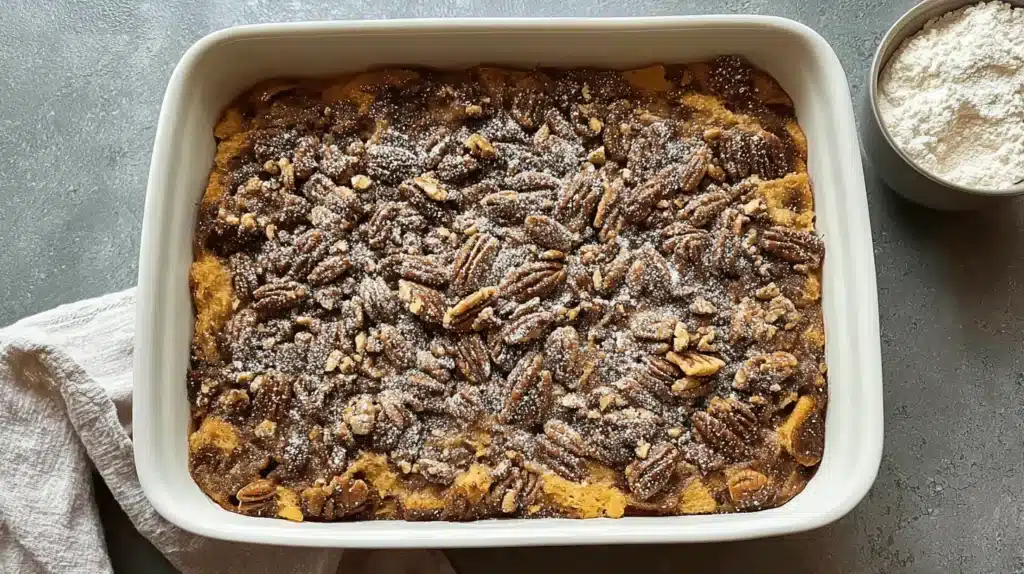 Overhead view of a golden-brown french toast casserole in a white baking dish, topped with pecans and powdered sugar.