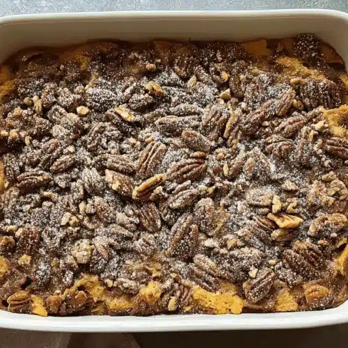 The Best French Toast Casserole 3 Overhead view of a golden-brown french toast casserole in a white baking dish, topped with pecans and powdered sugar.