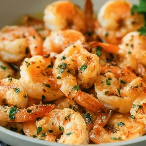 Easy Garlic Butter Shrimp 3 Vibrant close-up of perfectly cooked garlic shrimp garnished with fresh parsley in a serving pan.