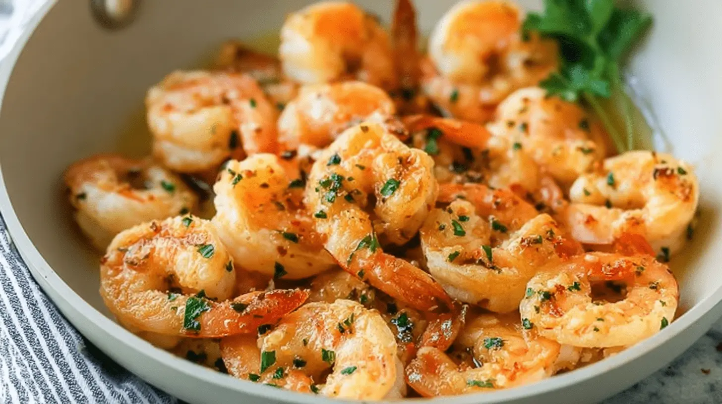 Easy Garlic Butter Shrimp 1 Vibrant close-up of perfectly cooked garlic shrimp garnished with fresh parsley in a serving pan.