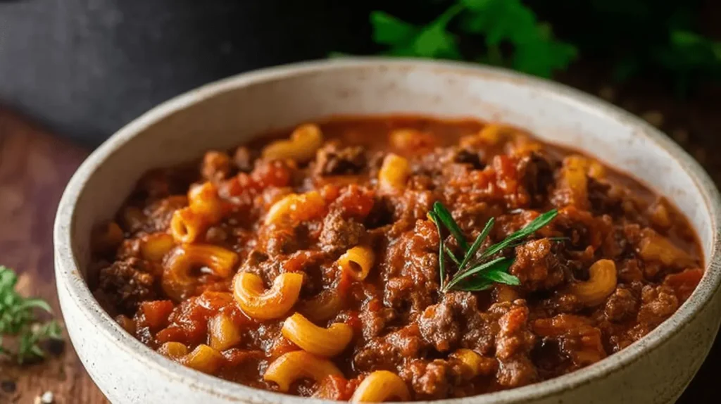 Close-up of a hearty American goulash recipe with ground beef, elbow macaroni, and a sprig of rosemary.