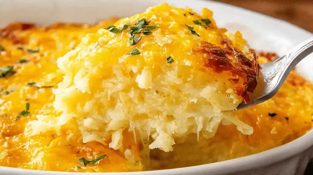 Close-up of a cheesy hashbrown casserole being served, featuring melted golden cheese and green herbs.