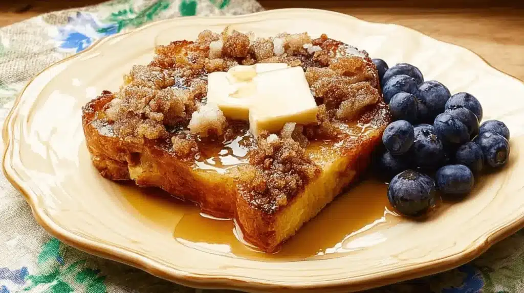 A delicious slice of golden-brown overnight french toast casserole topped with melting butter, streusel, and syrup, served with fresh blueberries on a decorative plate.