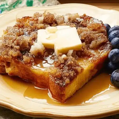A delicious slice of golden-brown overnight french toast casserole topped with melting butter, streusel, and syrup, served with fresh blueberries on a decorative plate.