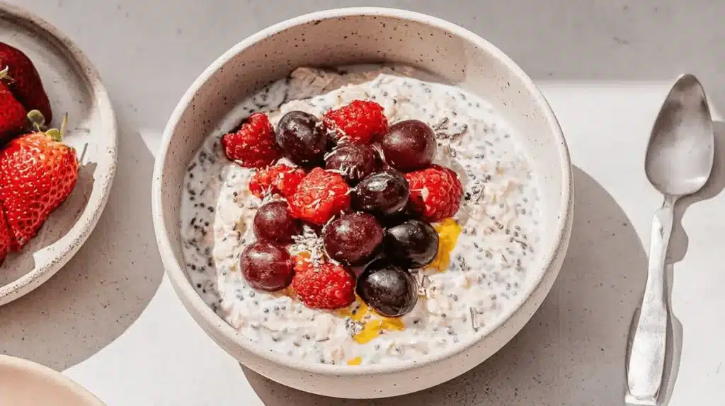 A rustic bowl of overnight oats with chia seeds, topped with fresh grapes, raspberries, and a sprinkle, alongside fresh strawberries and a silver spoon.