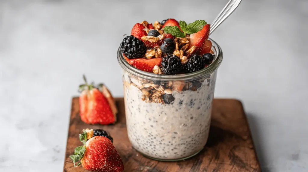 Delicious overnight oats without yogurt, layered with granola and fresh berries (strawberries, blackberries, blueberries) in a clear glass jar on a rustic wooden board.