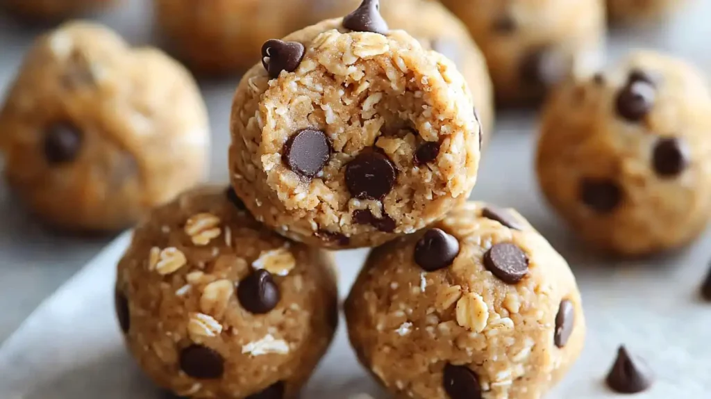 Peanut butter protein balls made with oats and chocolate chips stacked on a tray