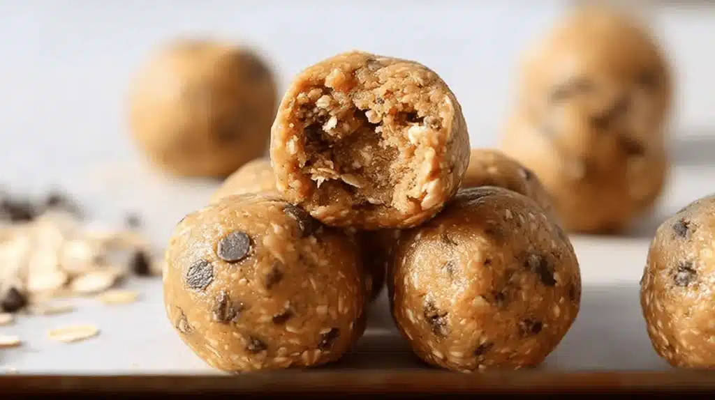 Close-up of homemade peanut butter protein balls, one with a bite taken, revealing oats and chocolate chips.