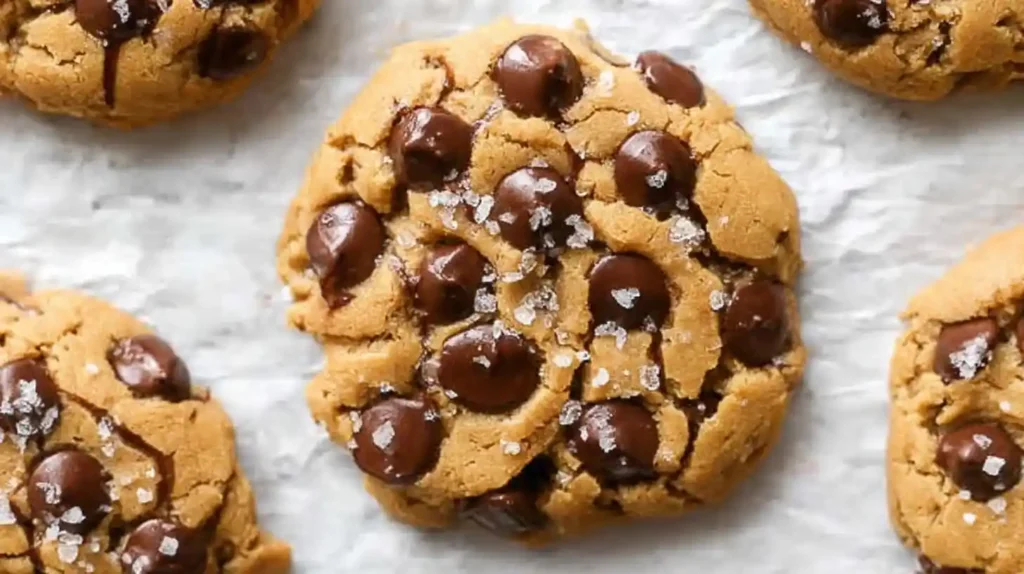 Soft and chewy protein powder cookies with chocolate chips and sea salt on parchment paper.