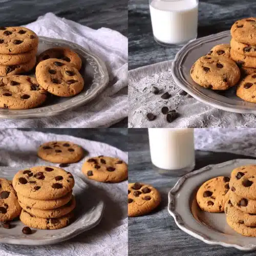 Rustic scene with stacked golden-brown chocolate chip protein powder cookies, a glass of milk, and loose chocolate chips on a textured fabric.