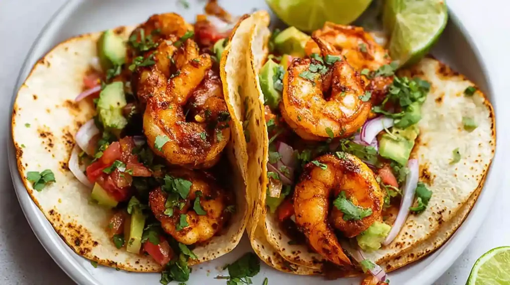 Spicy shrimp taco with grilled shrimp, fresh avocado, tomato salsa, and cilantro on a warm tortilla.