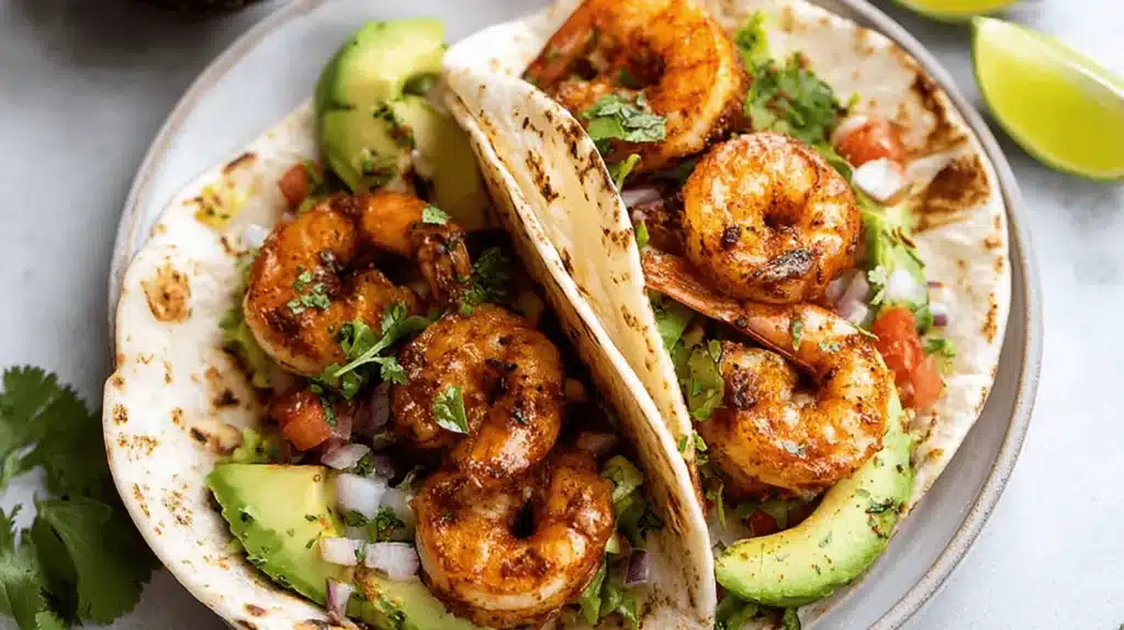 Close-up of two vibrant and appetizing shrimp tacos with avocado, pico de gallo, and cilantro on a rustic plate.