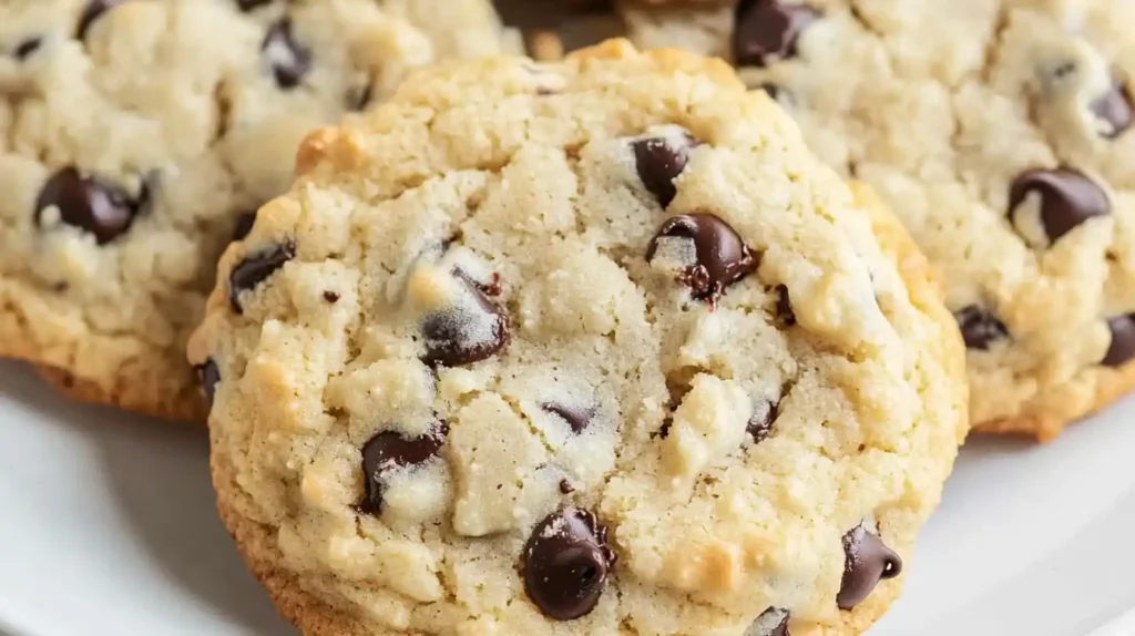 Close-up of soft cottage cheese cookies with melted chocolate chips.