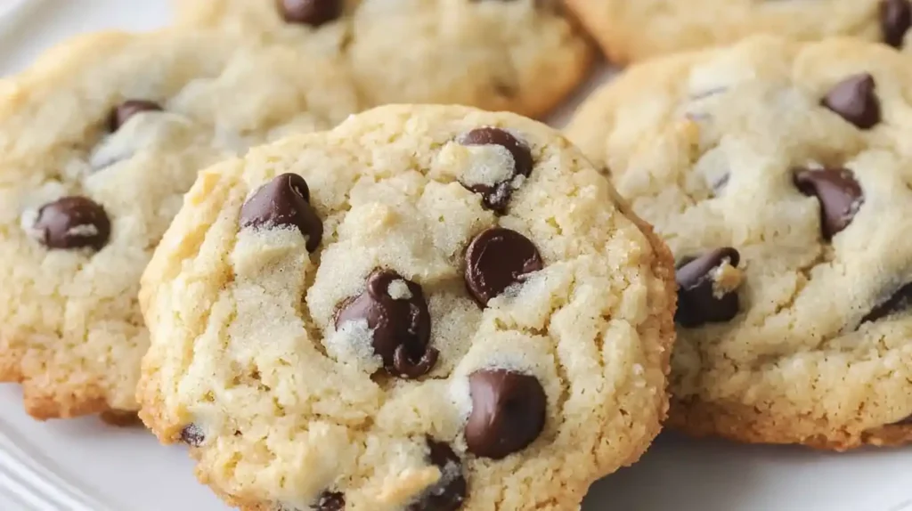 Close-up of soft cottage cheese cookies with chocolate chips on a plate.