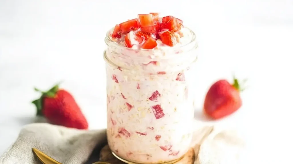 Strawberry overnight oats in a glass jar topped with fresh chopped strawberries