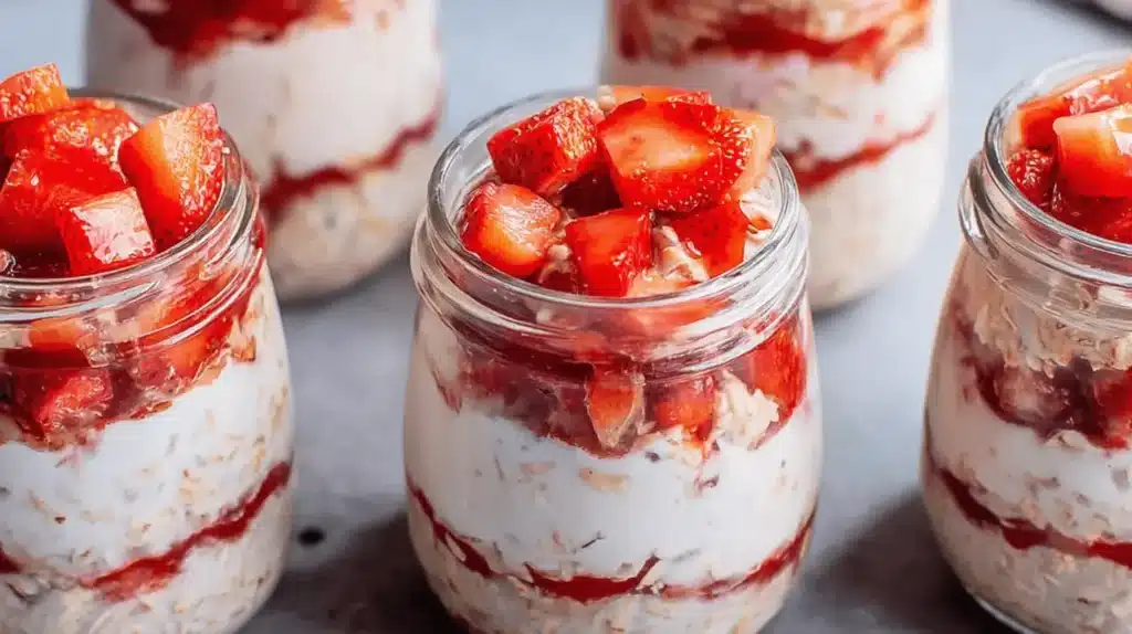 Close-up of individual servings of layered strawberry cheesecake overnight oats in glass jars, topped with fresh strawberries.