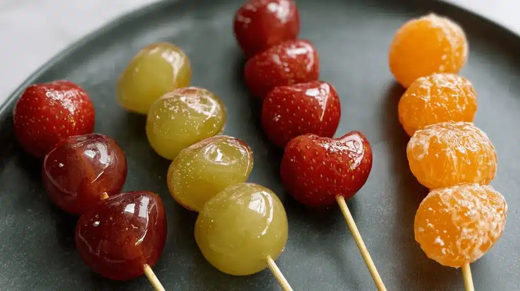 Vibrant candied fruit skewers, a delicious tanghulu recipe featuring grapes, strawberries, and mandarins on a dark platter.