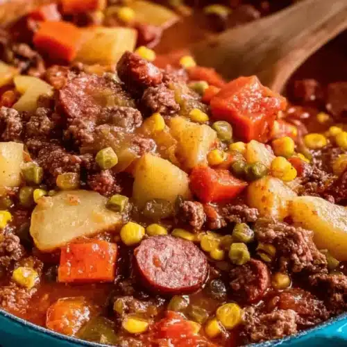 Hearty Texas cowboy stew with beef, potatoes, carrots, and sausage in a blue cast iron pot.