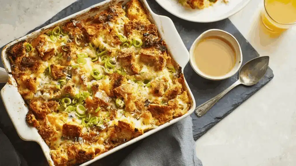 A golden-brown Thanksgiving breakfast casserole, rich with bread and cheese, garnished with green onions and served with orange juice.