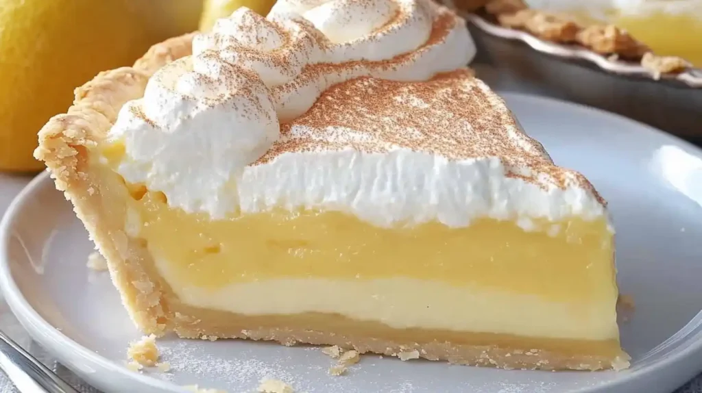 Slice of vanilla custard pie with layered creamy filling, lemon topping, and whipped cream on a flaky crust.