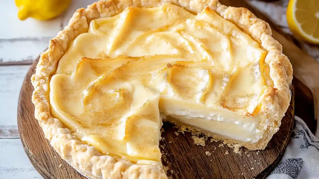 Whole vanilla custard pie with a slice removed, showing its creamy layered filling and flaky crust.