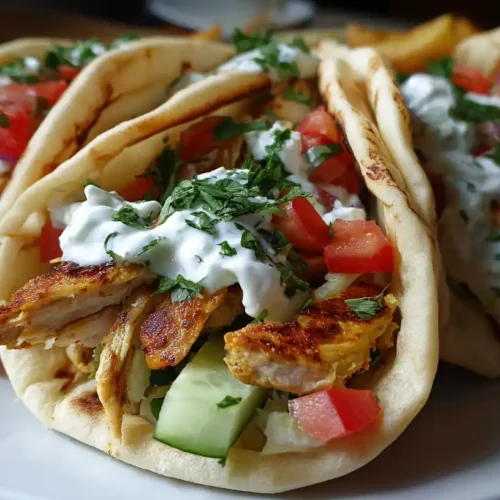Easy Chicken Gyros with Homemade Tzatziki Sauce 2 Chicken gyros with tzatziki sauce served in warm pita bread with fresh tomatoes, cucumbers, and herbs.