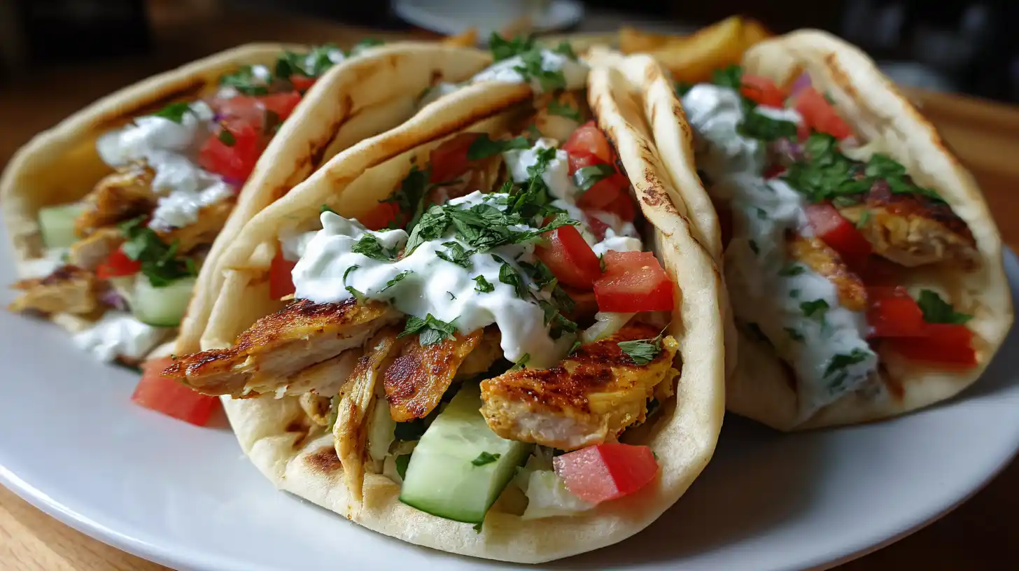 Easy Chicken Gyros with Homemade Tzatziki Sauce 1 Chicken gyros with tzatziki sauce served in warm pita bread with fresh tomatoes, cucumbers, and herbs.