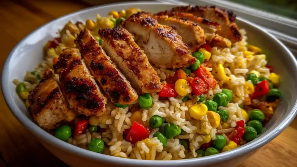 Chicken and rice bowls with grilled chicken, mixed vegetables, and seasoned rice served in a white bowl.
