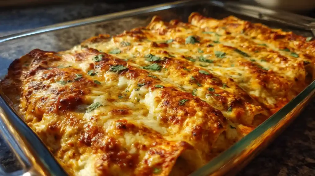 Cottage cheese chicken enchiladas baked with a creamy cheese filling and golden melted cheese in a glass baking dish.
