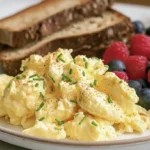 Cottage cheese scrambled eggs served with whole grain toast and fresh raspberries and blueberries.