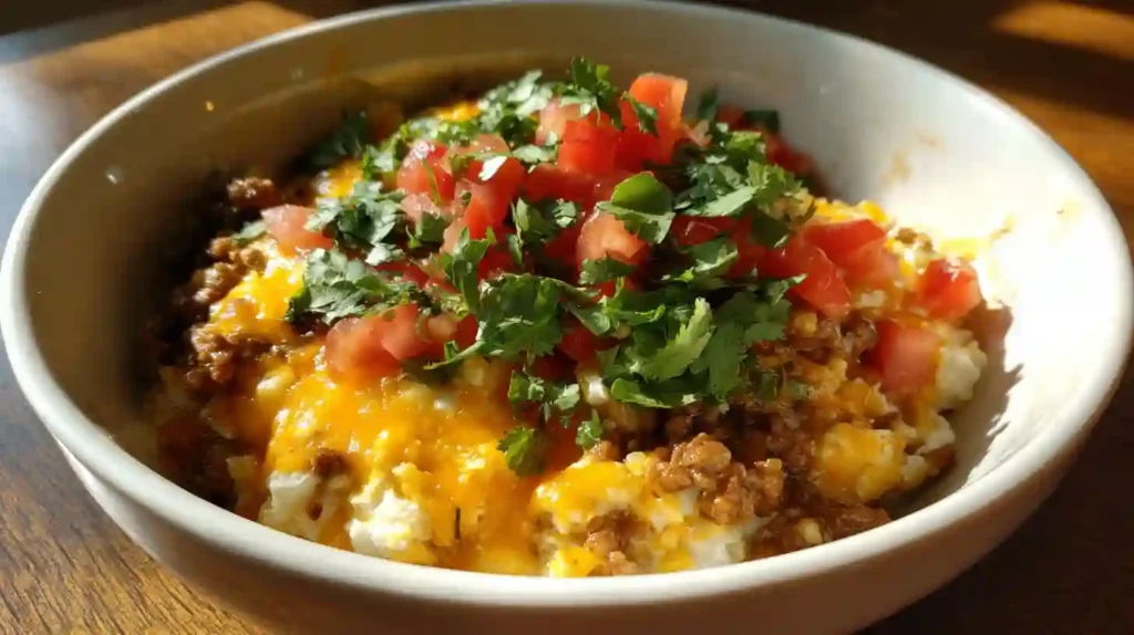 Cottage Cheese Taco Bowl topped with seasoned ground beef, melted cheddar, tomatoes, and fresh cilantro.