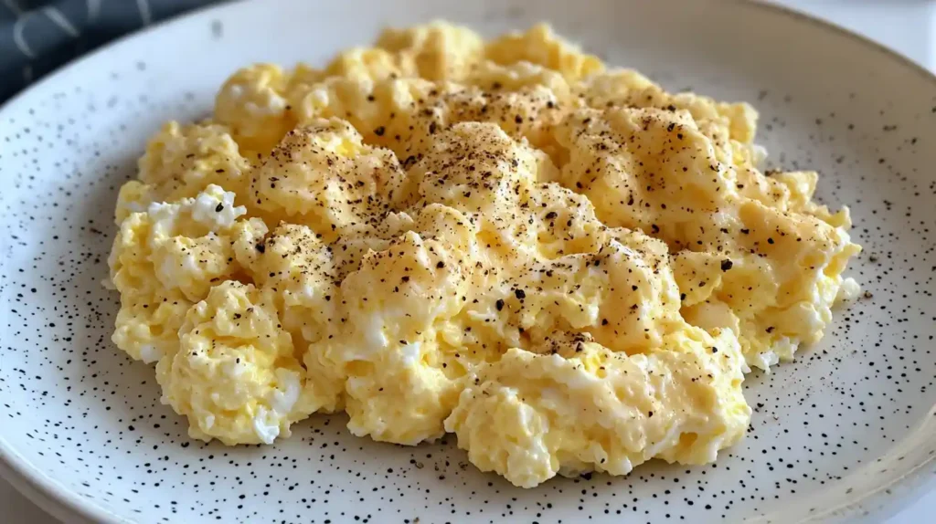 Creamy cottage cheese scrambled eggs seasoned with black pepper on a ceramic plate.