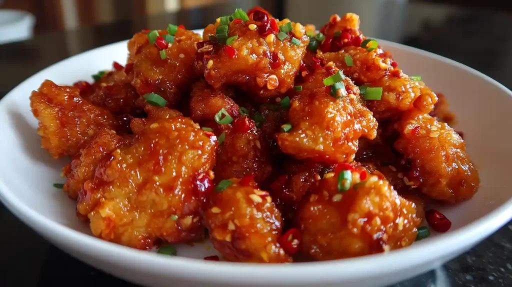 Close-up of bite-sized sweet chili chicken garnished with fresh green onions in a rustic bowl.