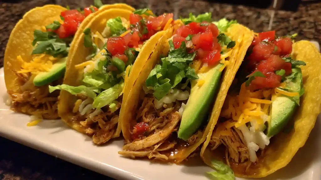 Crockpot chicken tacos filled with shredded chicken, avocado slices, lettuce, cheese, and fresh salsa in crispy taco shells.