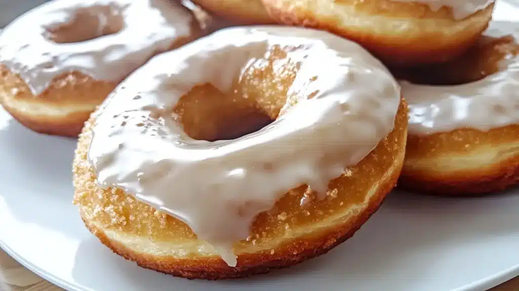 High-protein donuts with thick vanilla icing on a white plate.
