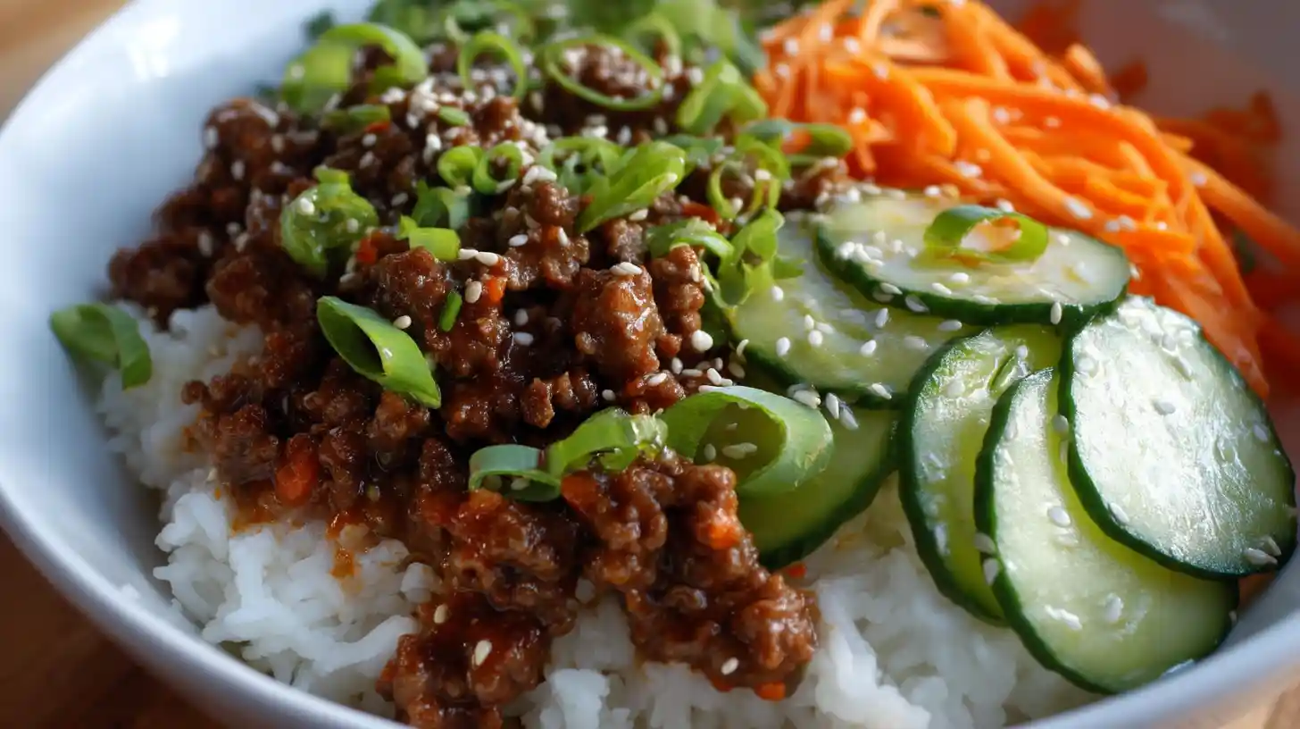 Ground Beef Bowl: Quick, Healthy & Flavorful! 1 Ground beef bowl with rice, cucumbers, shredded carrots, and sesame seeds.