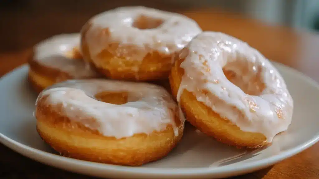 High-protein donuts with vanilla glaze served on a white plate.