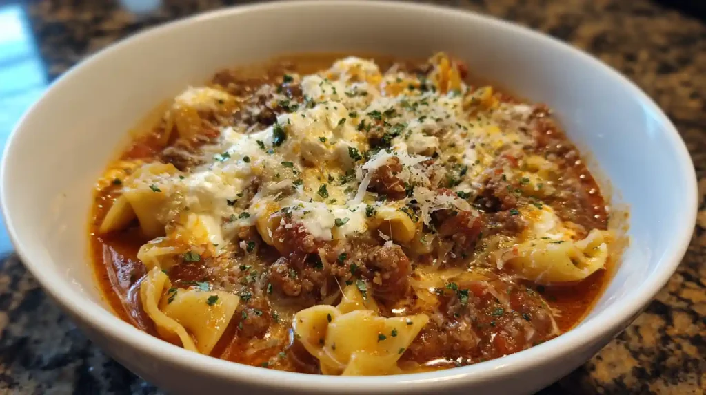 High-Protein Lasagna Soup in a white bowl with ground meat, lasagna noodles, and melted cheese.