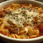 High-Protein Lasagna Soup in a bowl with melted cheese, ground meat, and pasta in a rich tomato broth.