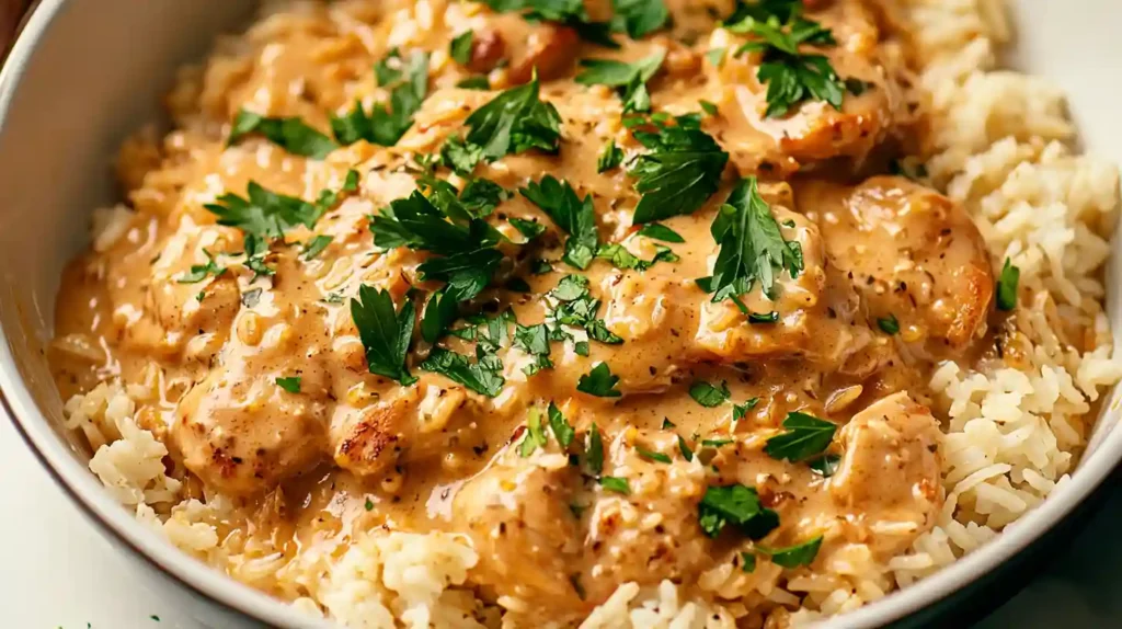 Creamy smothered chicken and rice topped with fresh parsley in a bowl.