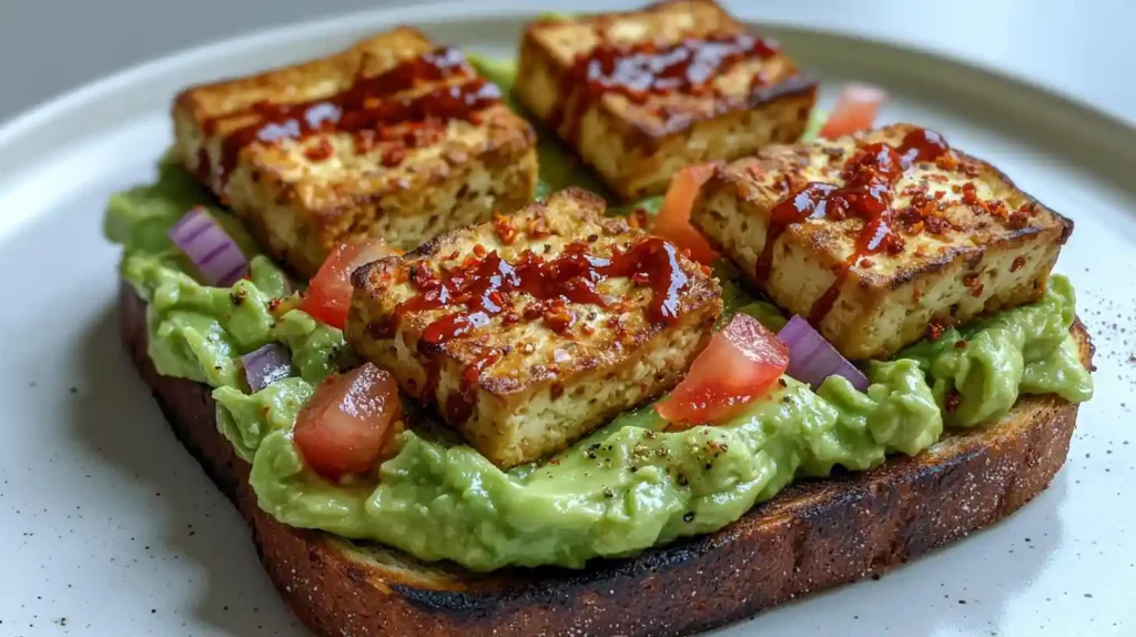 Tofu avocado toast topped with crispy pan-seared tofu, mashed avocado, and spicy drizzle.