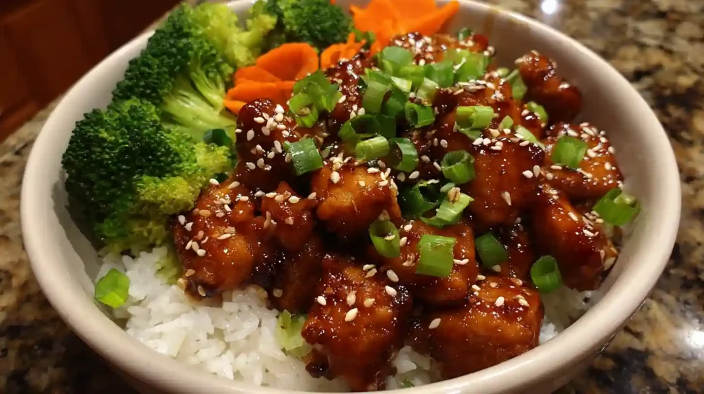 Vibrant Teriyaki Chicken Bowl with fluffy white rice, crisp broccoli, and fresh scallions on a rustic wooden surface.