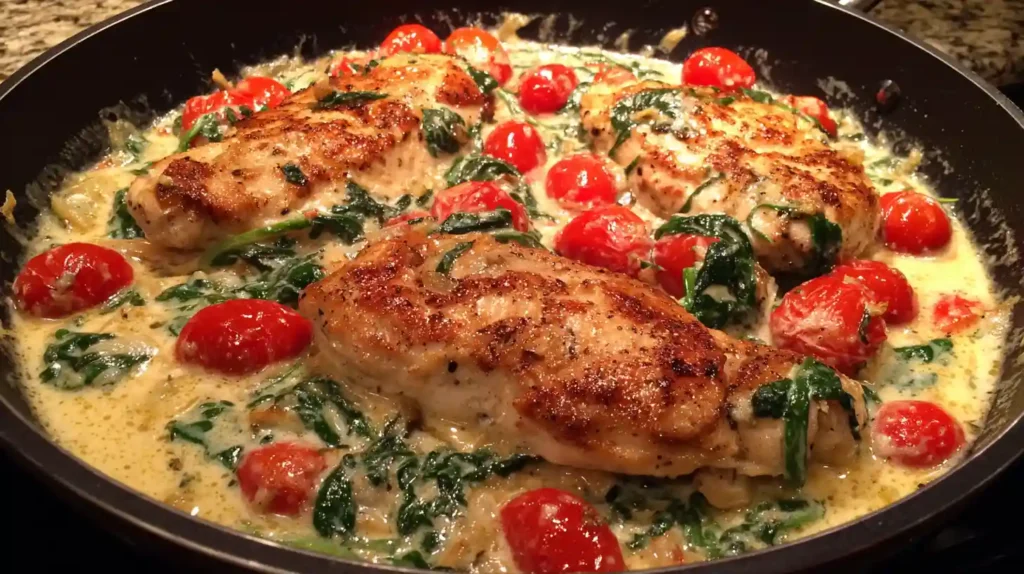 Creamy Tuscan chicken cooked in a skillet with spinach, cherry tomatoes, and a rich garlic parmesan sauce.