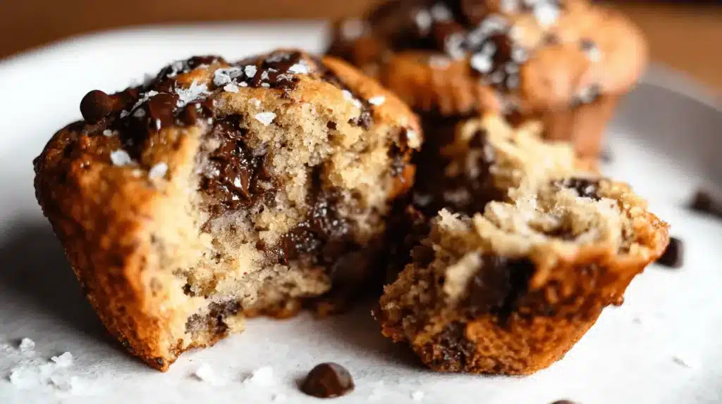 Close-up of two warm, golden-brown Banana Protein Muffins with melted chocolate chips and sea salt, one torn open to show its moist interior.