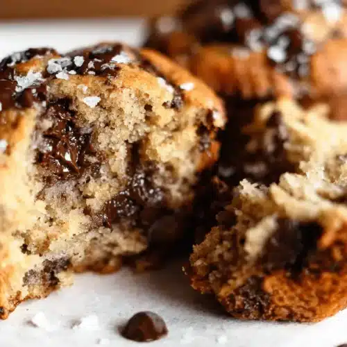 Close-up of two warm, golden-brown Banana Protein Muffins with melted chocolate chips and sea salt, one torn open to show its moist interior.